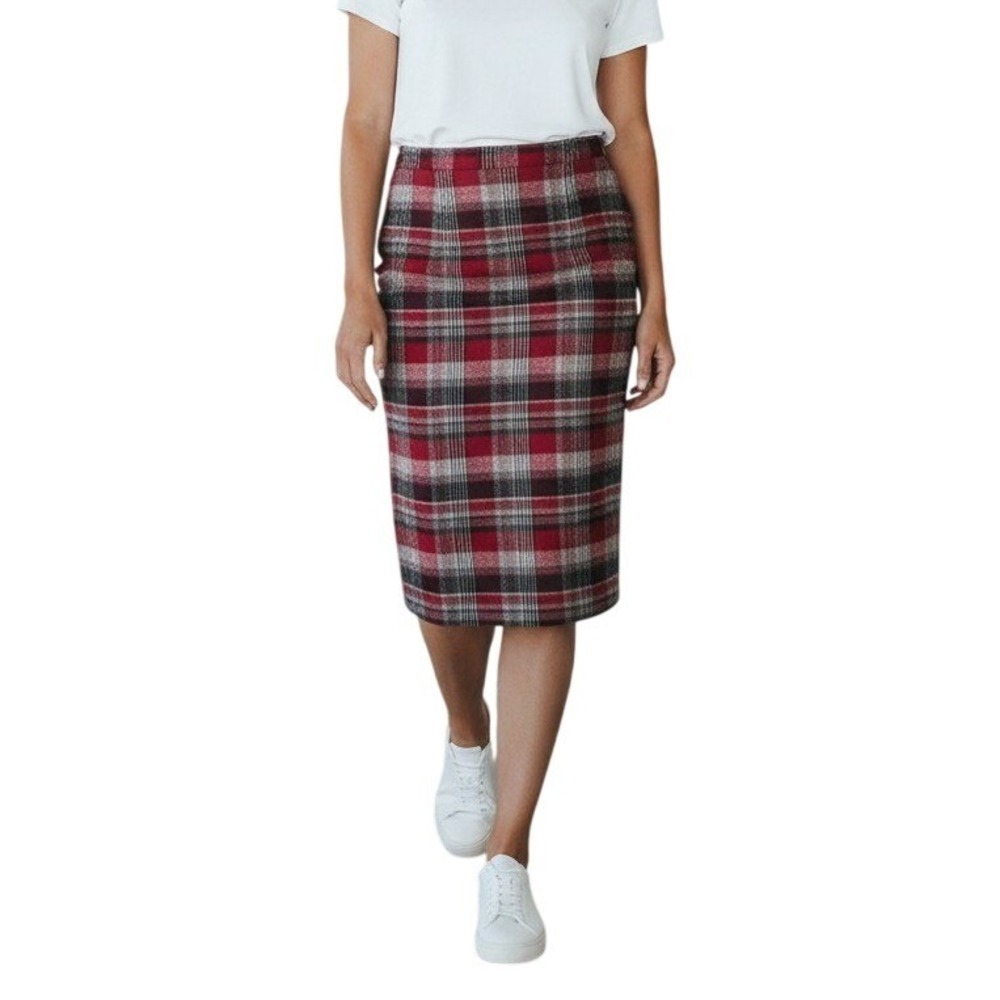 Pendleton Wool Skirt Womens 14 Red Grey Plaid Midi Elastic Waist Dark Academia